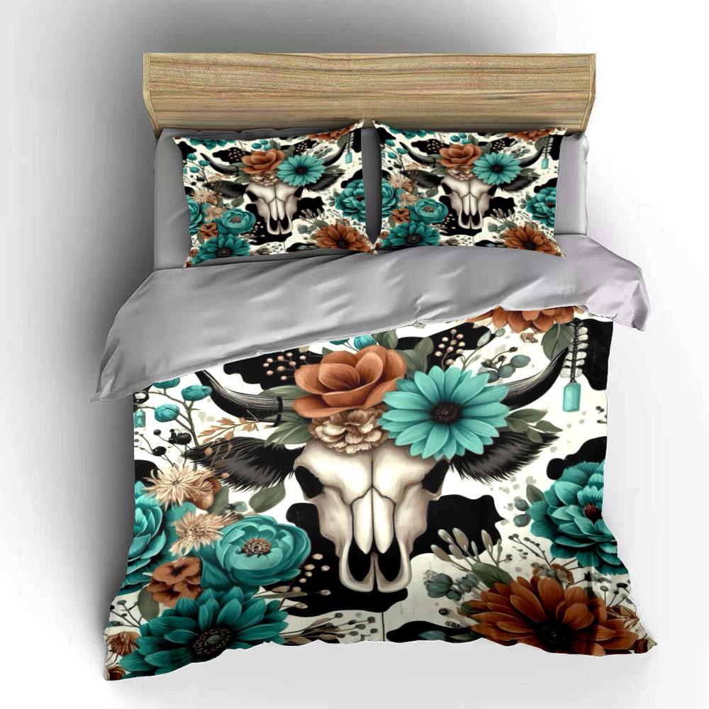 Floral Bull Skull Bedding Set Bedding Duvet Cover Set Duvet Cover Pillowcases (1 * Duvet Cover 2 * Pillowcases, Without Duvet Insert)