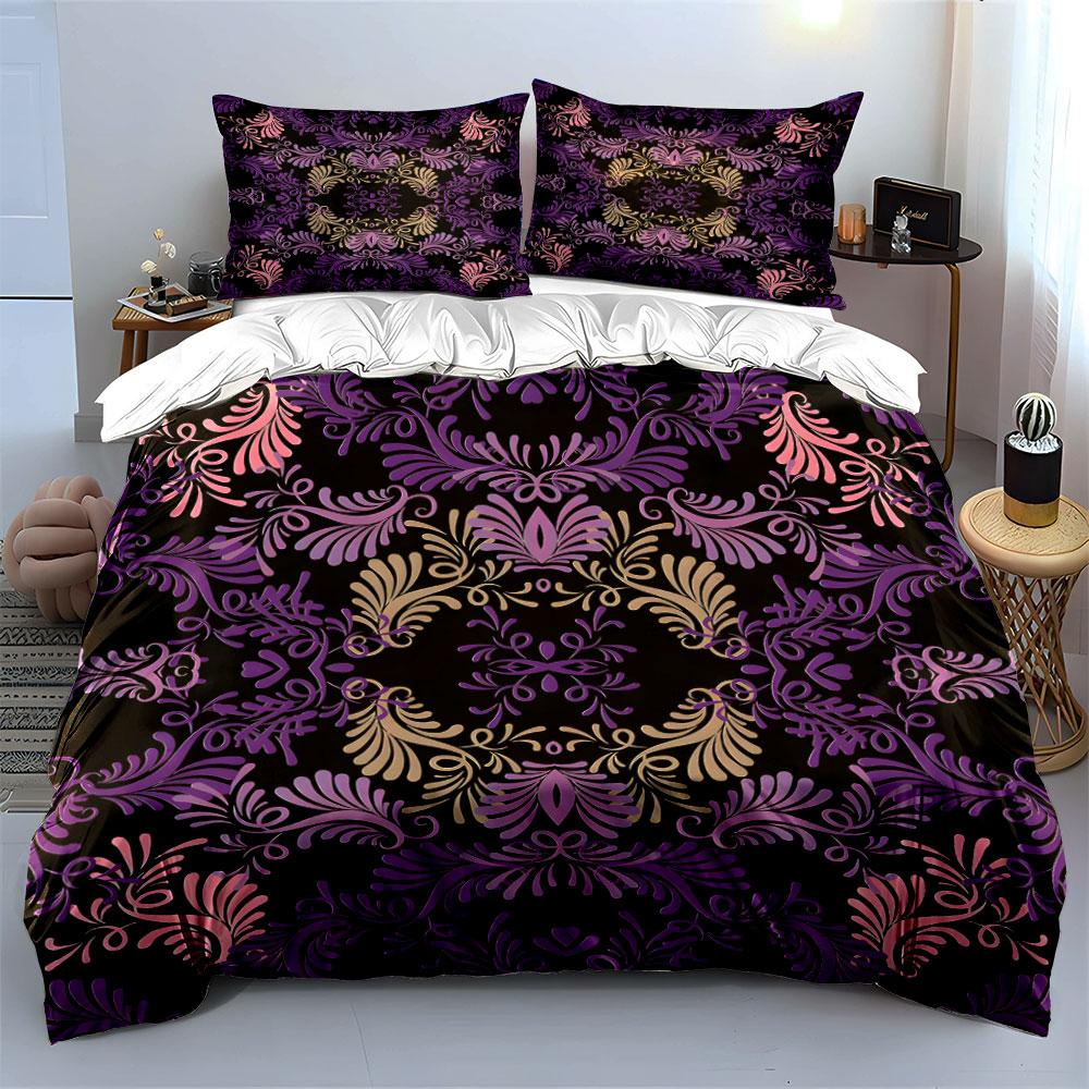 Purple and Gold Floral Symmetry Bedding Set for Kids Luxury Gift 3pcs Digital Print Comforter Set Soft Comfortable Breathable
