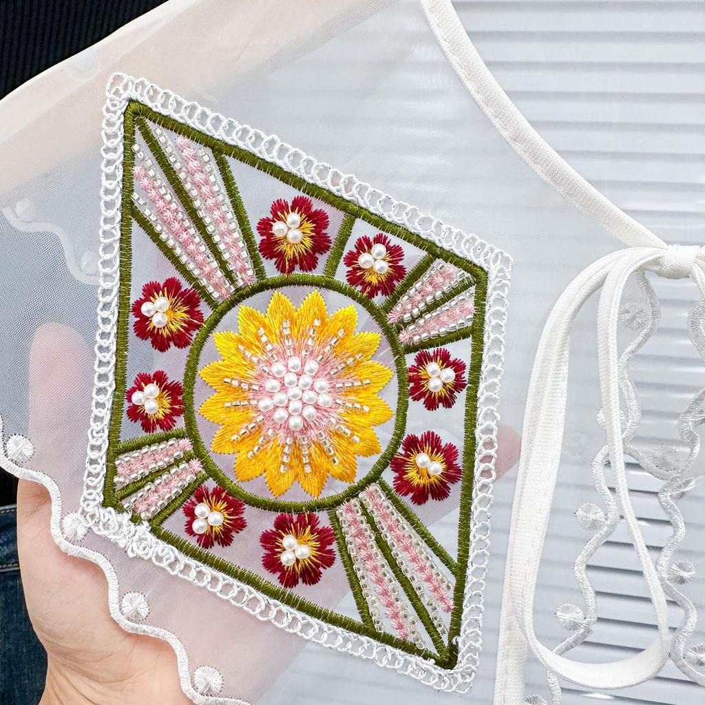 Decorative Fake Collar Neckline for Women Cute Colorful Embroidery Beaded Floral Shawl Scarf Wrap Ribbon Bowknot Capelet