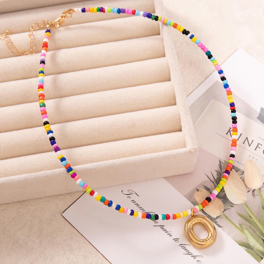 Bubble Alphabet Colored Rice Beads Handmade Beaded Delicate Beach Bohemian Necklace Collarbone Chain