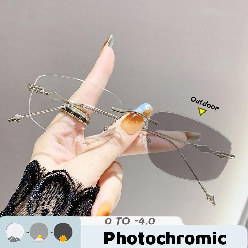 Fashionable And High-End Frameless Square Photochromic Myopia Glasses Anti Blue Light And Neutral Indoor And Outdoor Dual-Use