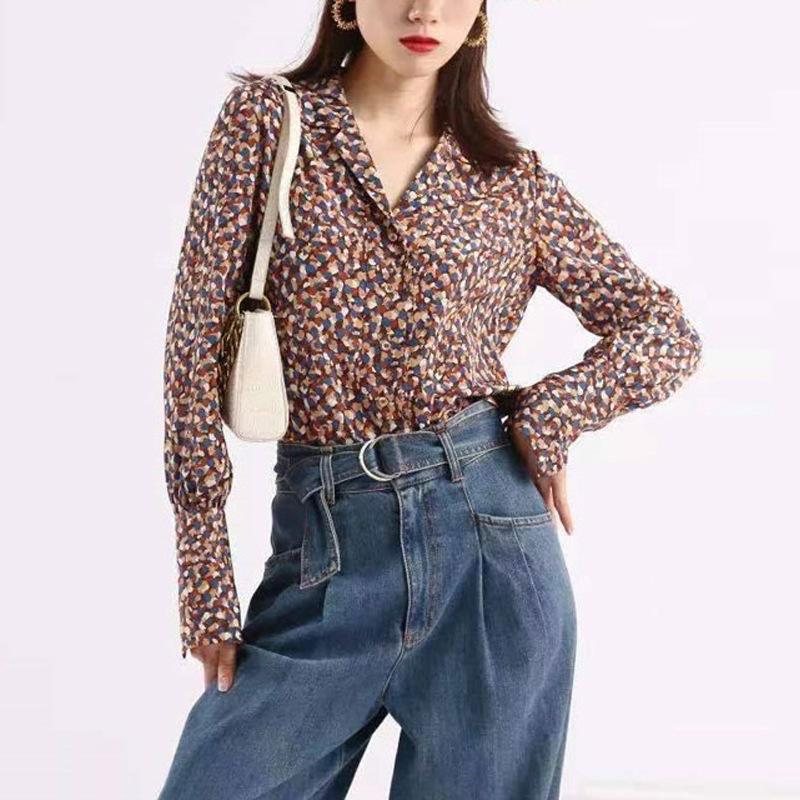 Shopping mall 1116 women's spring and autumn new retro suit collar floral printing long-sleeved shirt