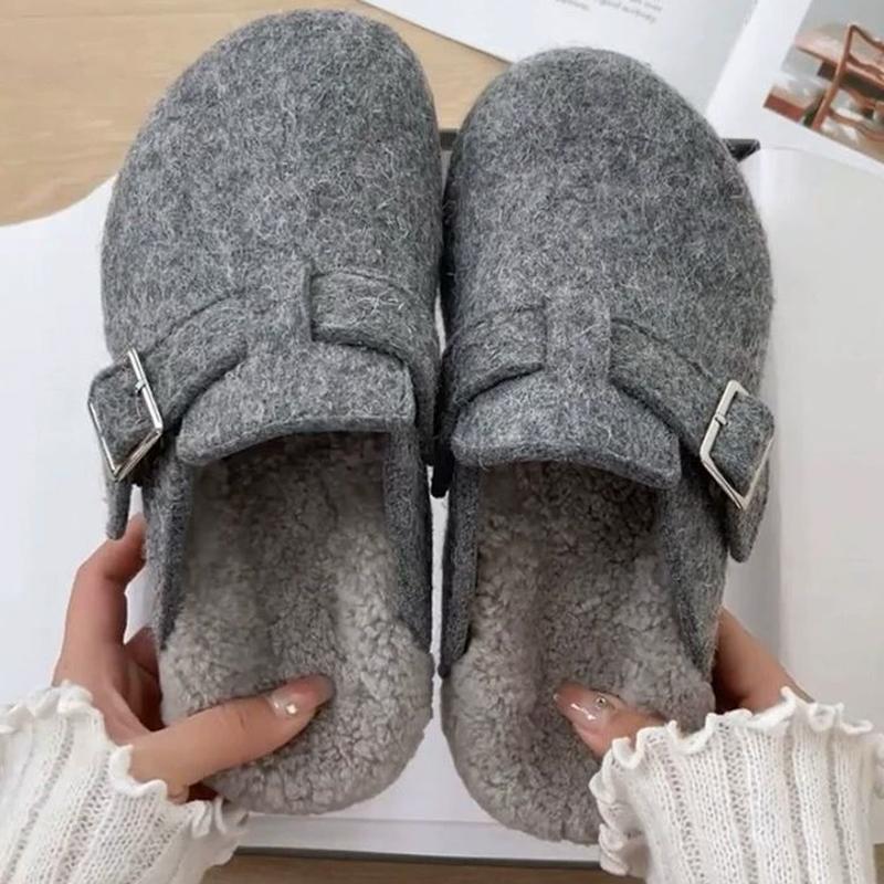 Kidmi Women's Slippers Comfortable and Versatile Outdoor Shoes Winter New Grey Leather Shearling Closed-toe Felt Soft Mules