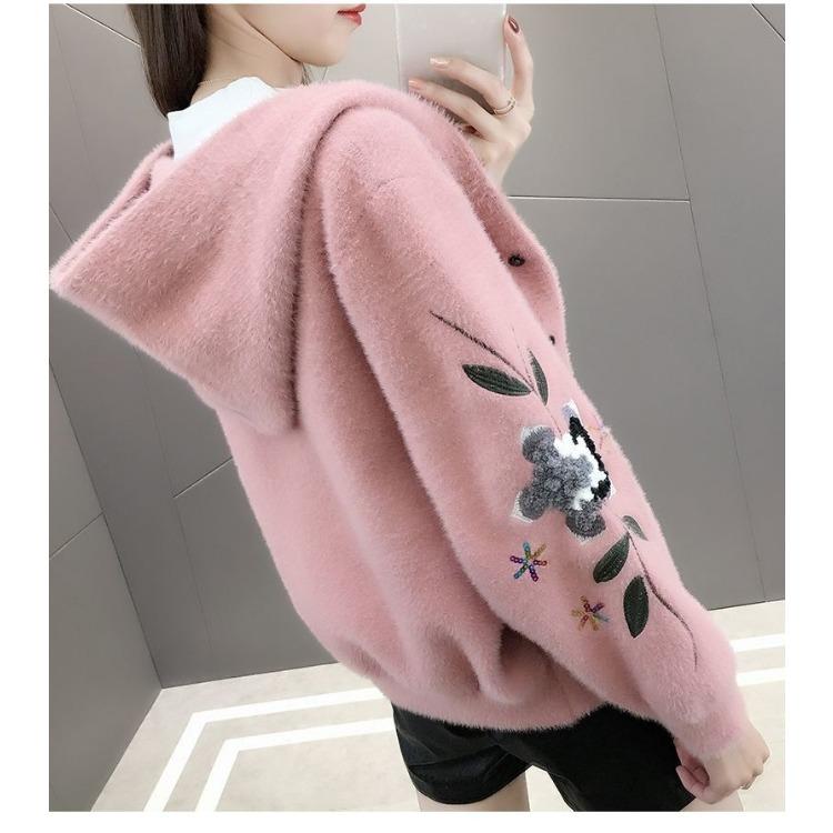 Wasserdichter Mantel mit Kapuze aus Kunstnerz für Damen, locker gestricktes Cardigan-Oberteil für den Winter