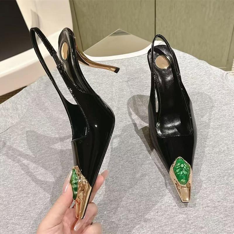 Fashion Star style Gemstone Metal Toe Patent Leather Women Pumps Fashion Stiletto High heels Spring Autumn Slingbacks Party Dress Shoes