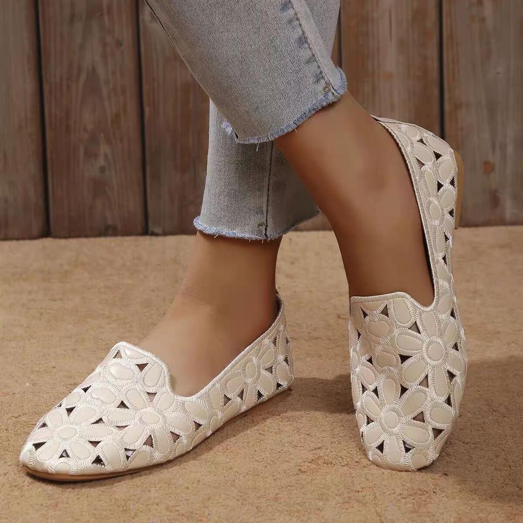 Feerldi Emboridery Cut-outs Beige Loafers Woman Square Toe Ballet Flats Lightweight Plus Size 41 42 Soft Sole Moccasins