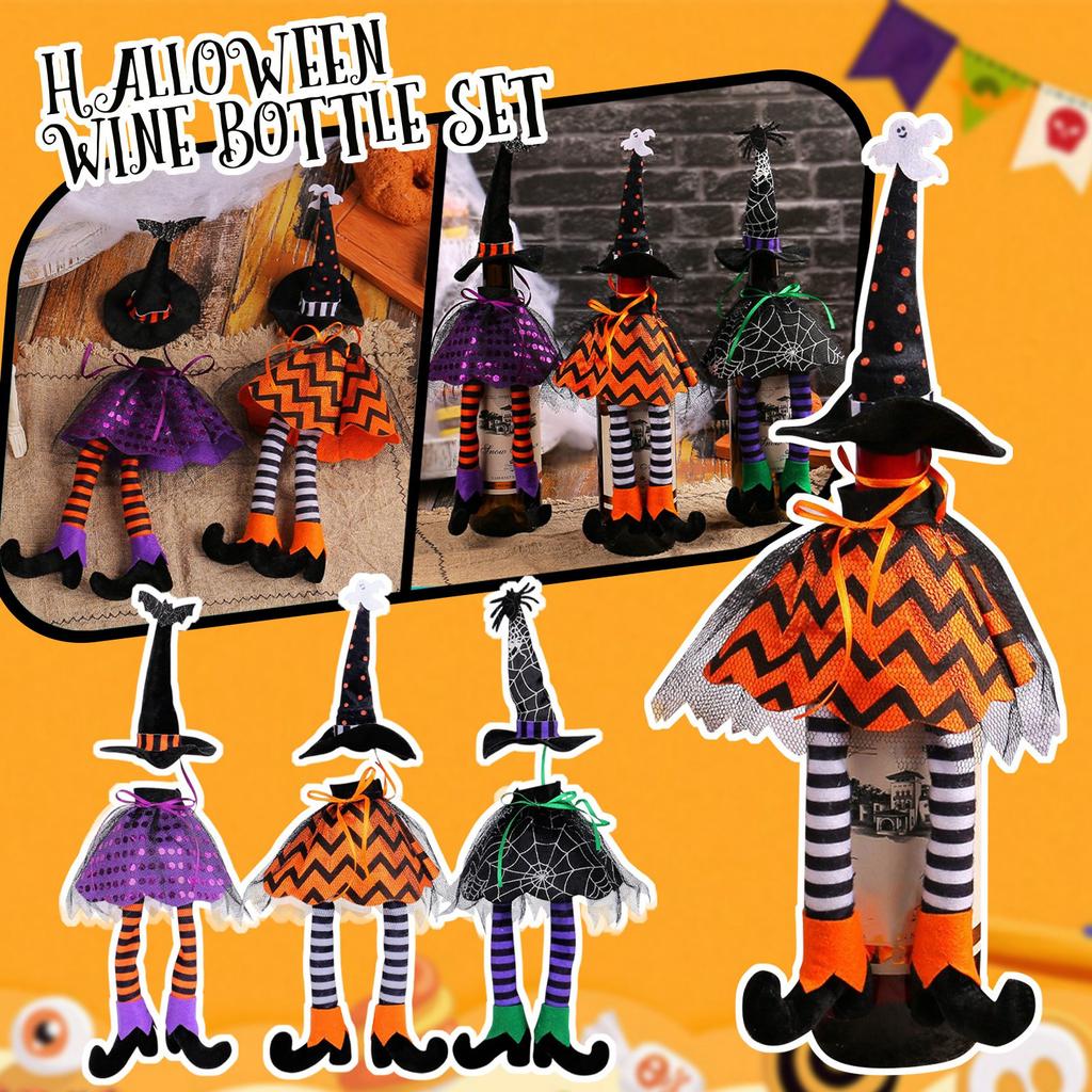 Halloween Witch Hat, Long-legged Wine Bottle Cover, Table Atmosphere, Champagne And Red Wine Bags, Table Decorations.