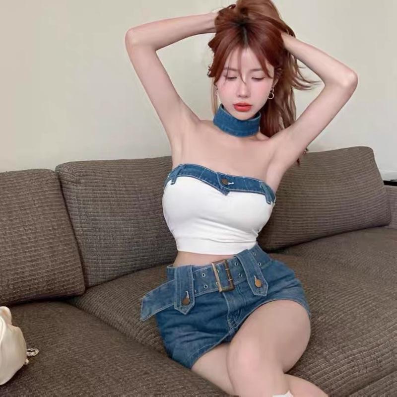 Color Block Patchwork Denim Bandeau Top - Trendy European American Summer Buttoned Sexy Short Top