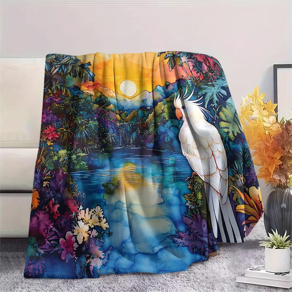 Rainforest Parrot Print Flannel Blanket, High Quality Comfortable for All Seasons, Home Decor, Warmth and Comfort, Perfect for Christmas Gifts