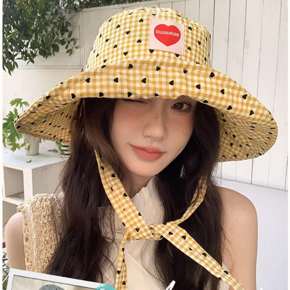 Lace Up Hiking Fisherman Hat Sun Protection Plaid Hiking Cap Fashion Drawstring Sun Hat  Camping