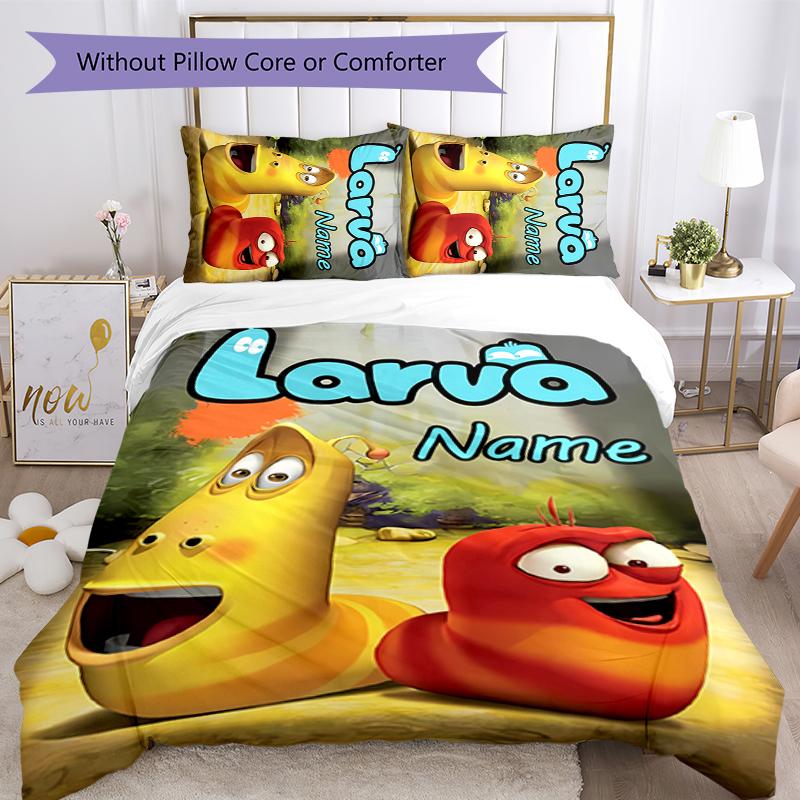 3pcs Custom Name Cartoon Larva Bedding Set Duvet Cover Closure Includes 1 Duvet Cover & 2 Pillowcases for All Seasons Bedroom Decor
