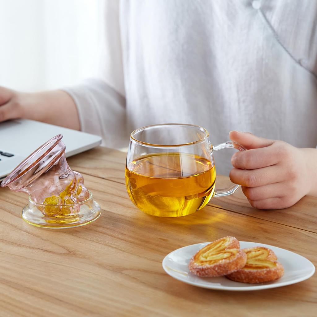 Pokaro Tea Cat Claw Cup Tea with Pink Tea and and for Black Green Chinese Japanese Flower and Coffee Mug, Heat-Resistant Glass, 400ml, Strainer,