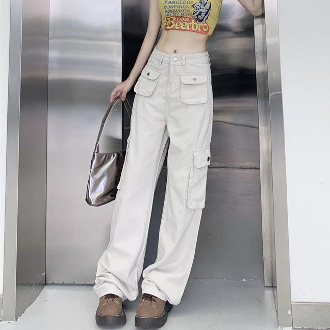 

Женские белые джинсы с высокой посадкой и широкими штанинами - Осенний крой, Большой размер, Стройнящие, Для фигуры типа груша Small (S) белый/песочный