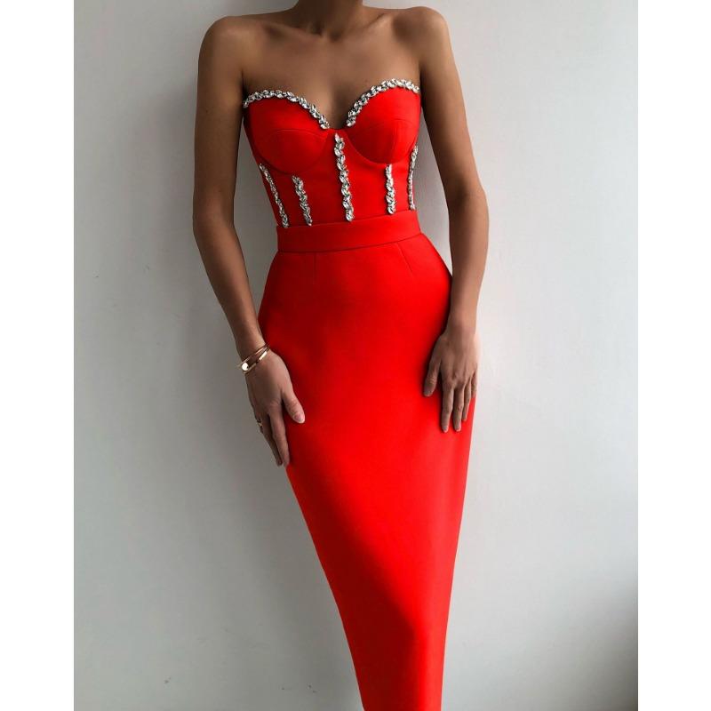 Summer new tube top sexy flash diamond decoration hip wrap thin slim bandage medium dress dress