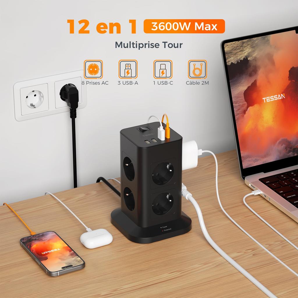 TESSAN Tower 8 Way Outlets Socket Multi Power Strip Vertical 2m Extension Cord EU Plug with 3 USB-A USB-C Surge Protector Switch