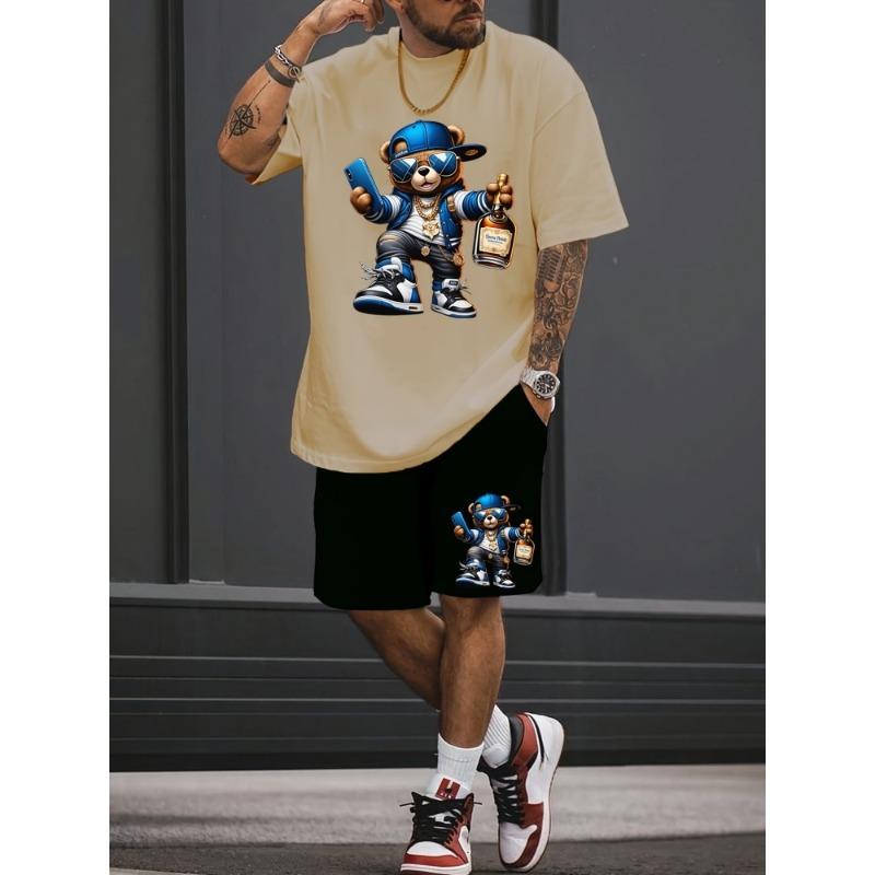 Luxury Style Teddy Bear Print Men's T-shirt Shorts Set Summer Casual Everyday Men's Short Sleeve Top Outdoor Street Men's Shorts