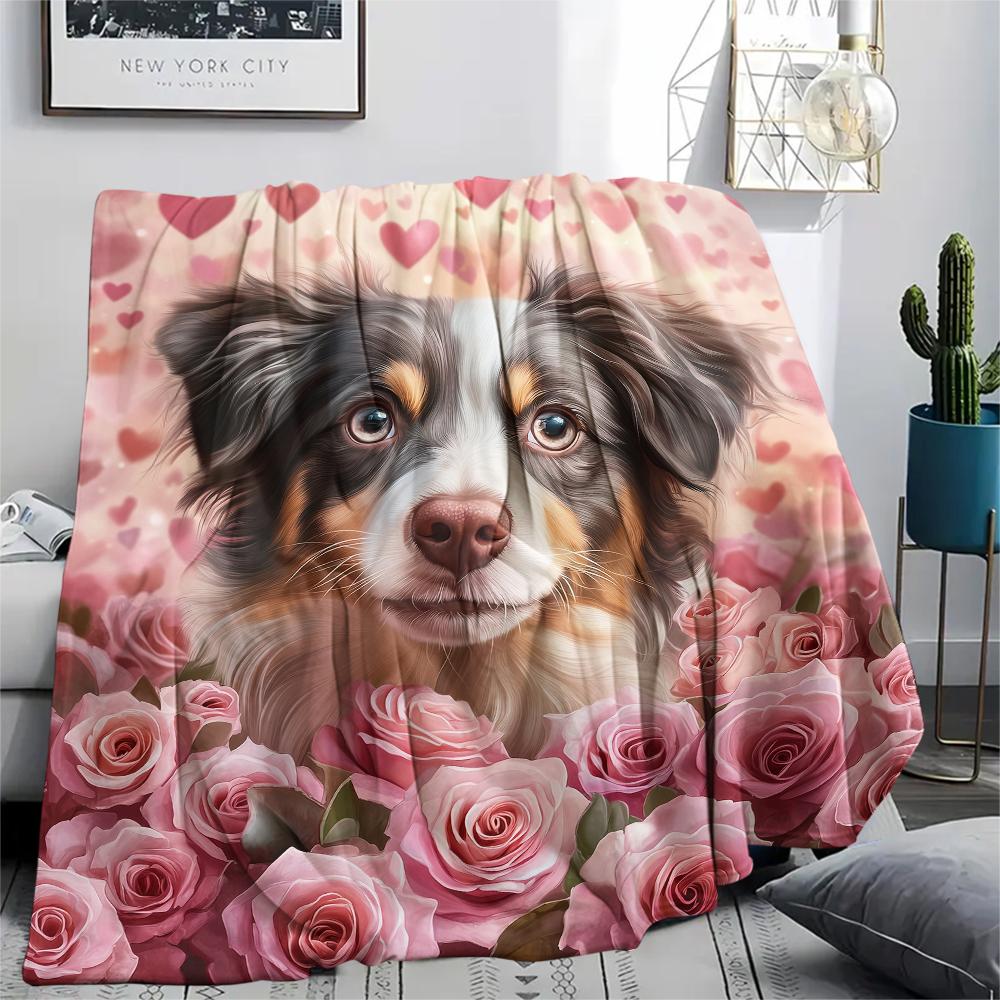 Australian Shepherd and Roses,pattern Flannel Blanket, High quality Comfortable for All Seasons, Home Decor, Warmth and Comfort, Perfect for Gifts.