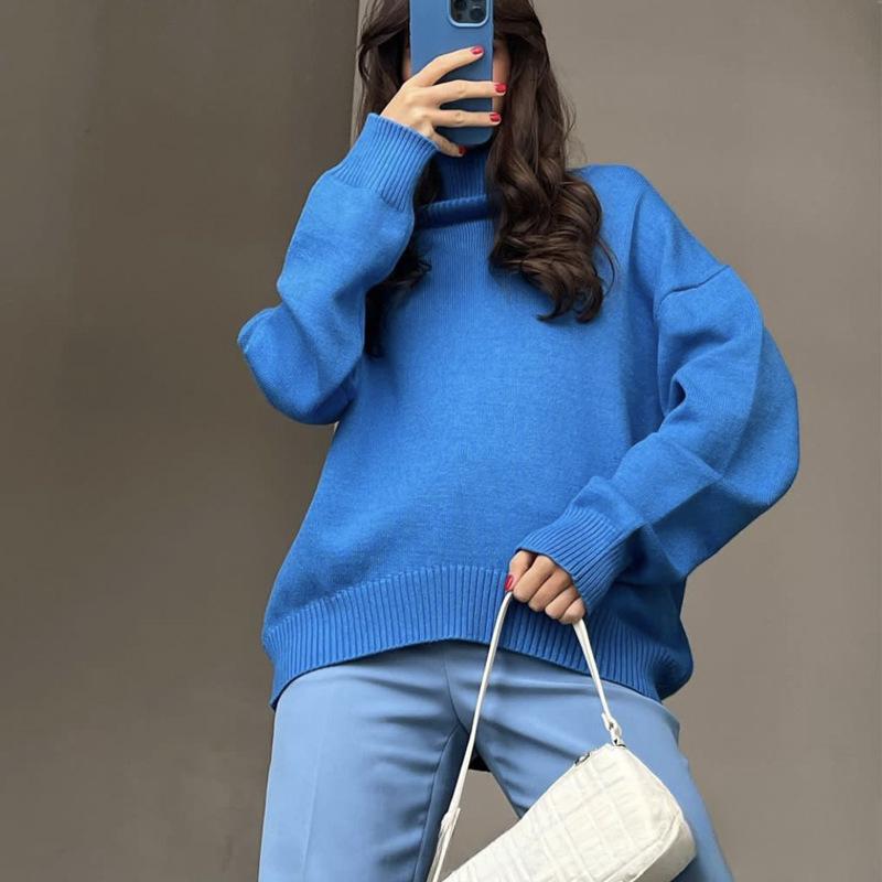Warm Elastic Sweaters Autumn Winter Women's Turtleneck Knitted Sweater Oversize Long Sleeve Loose Pullover Tops Streetwear Soft