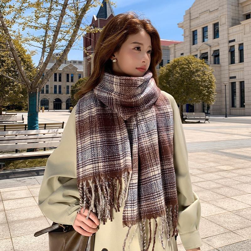2025 Korean imitation cashmere scarf women's autumn and winter high-end warm shawl cute versatile plaid scarf