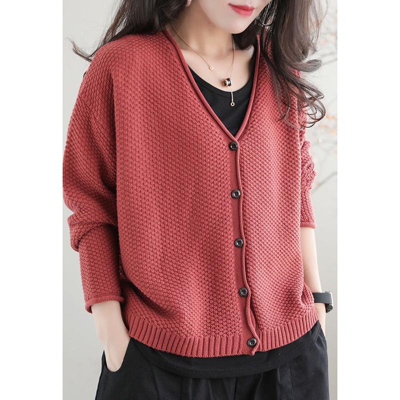 Retro Style Sweater Jacket for Women Spring and Autumn New Style V-neck Loose Knit Cardigan Casual Top