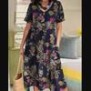 Women's Fashion Casual V-neck Bohemian Print Pocket Dress Long Skirt