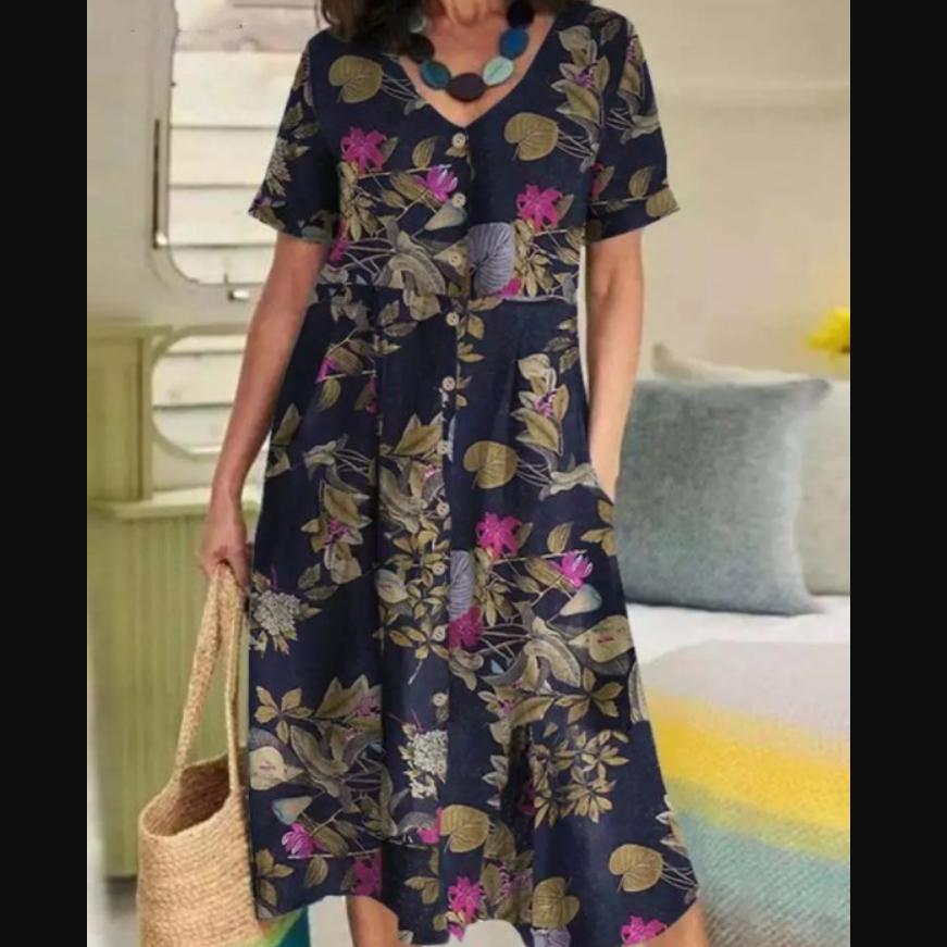Women's Fashion Casual V-neck Bohemian Print Pocket Dress Long Skirt