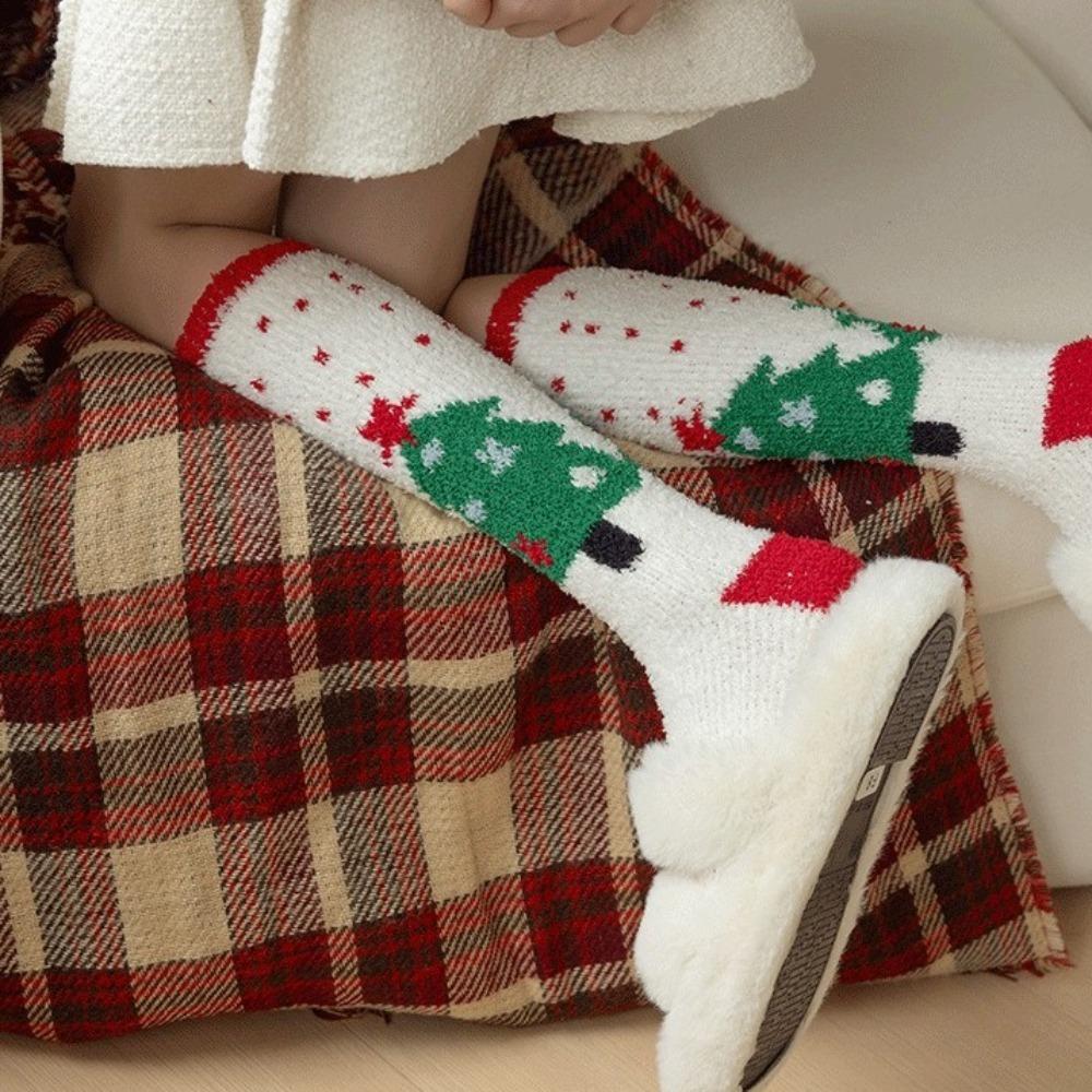 Snowflake Elk XmasTree Christmas Stocking Coral Fleece Thicken Floor Socks Fluffy Socks  For Women