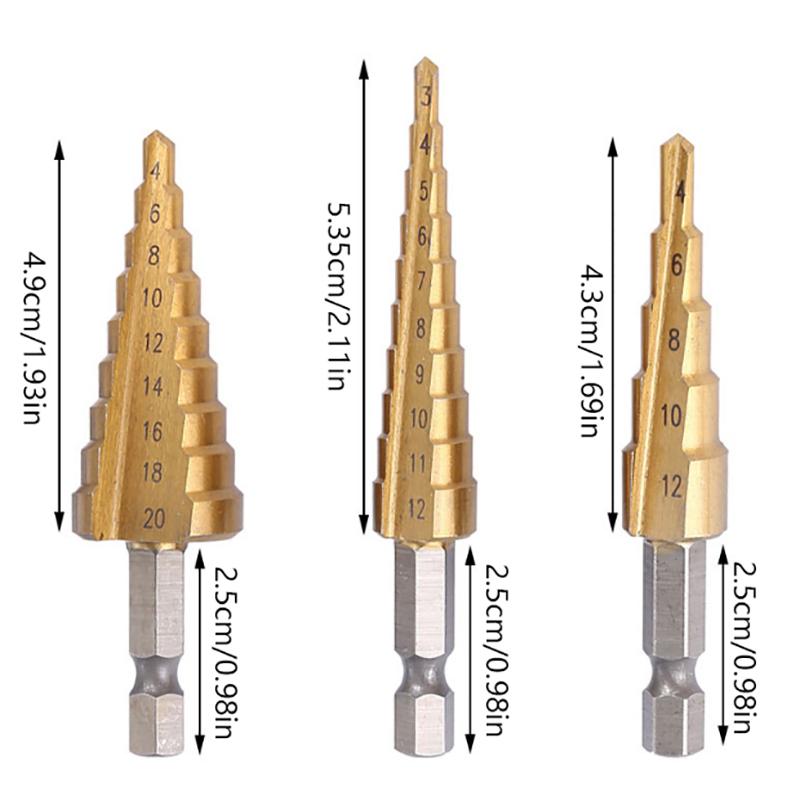 3Pcs Hss Titanium-Coated Spiral Groove Step Drill Bit 3-12 4-12 4-20 Power Tool Step Drill Bits Set Metal Multi-Hole Taper Drill