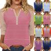 T-shirt imprimé boutonné à manches 3/4 pour femme - Haut basique à col en V - Mode quotidienne - Week-end
