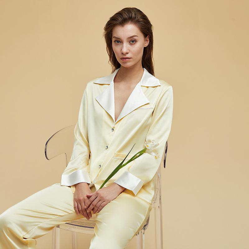 Autumn New Pajama Set Solid Color Satin Loose Loose Home Clothes Sexy Lapel Long-sleeved Cardigan Trousers Pajama Set