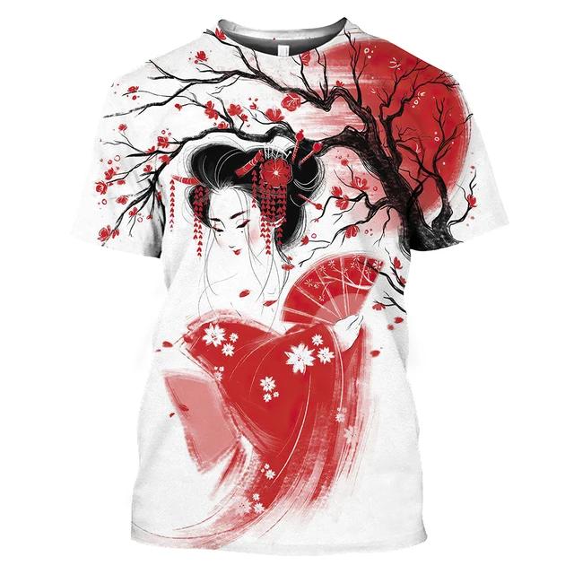 Summer Fashion Japanese Geisha Cool T Shirt Men Casual Fun Personality Harajuku Printed Round Neck Short Sleeve Streetwear Top