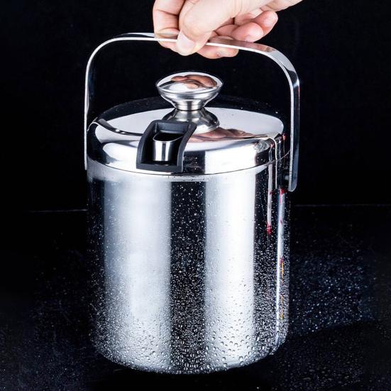 1.3L Double-Wall Ice Bucket with Lid And Tong 6-Hour Cooling Beer Chiller for Bar Home 304 Stainless Steel Insulated Ice Container