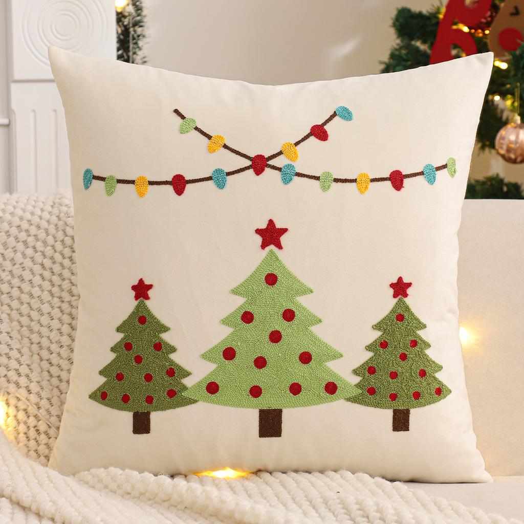Embroidery Throw Pillow Cover Christmas Decoration Velvet Soft Christmas Tree Bell Winter Farmhouse Home Sofa Living Room