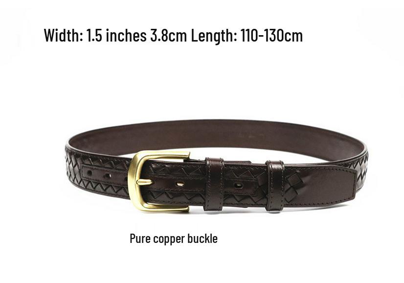 Men's Genuine Leather Woven Belt with Pure Copper Pin Buckle - Retro Casual Style