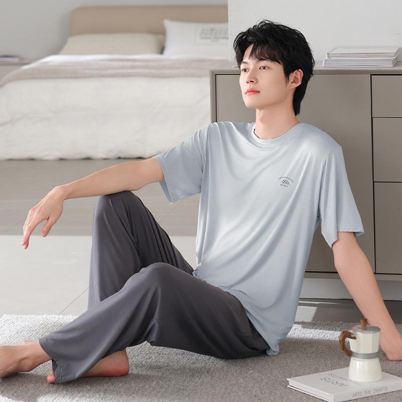 Pajamas Men's Summer Modal Men's Short Sleeve Trousers Ice Silk Dad Men's Middle-aged Thin Cotton Loungewear Suit