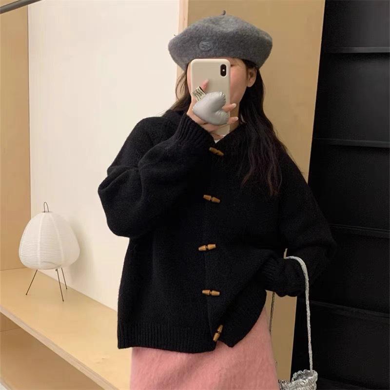 Autumn and winter new retro hooded horn buckle knitted cardigan women's soft waxy solid color loose age-reducing sweater jacket