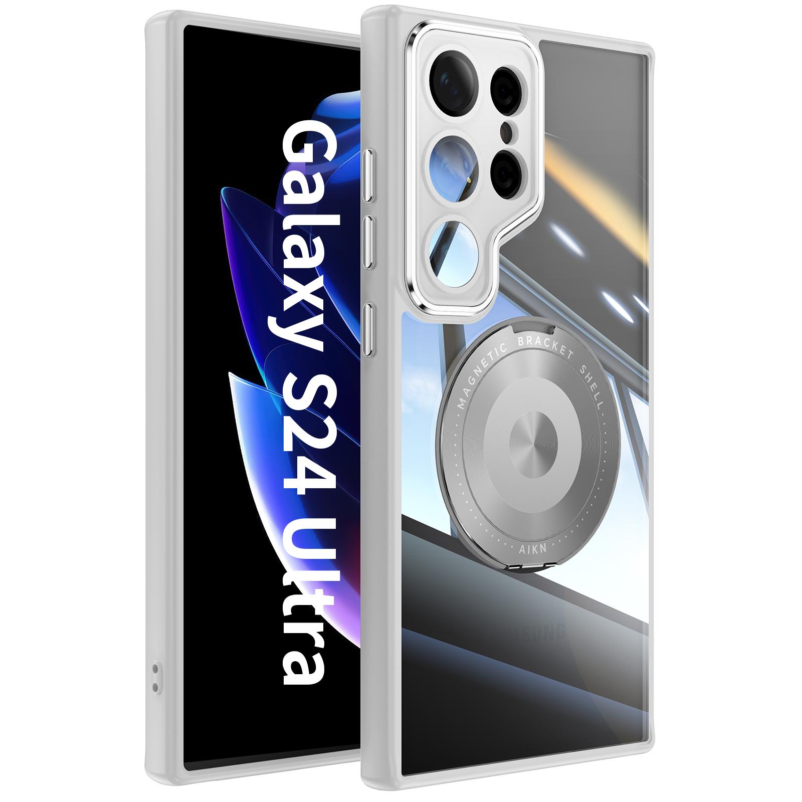 

For Samsung Galaxy S24 Ultra Magnetic Case PC+TPU Phone Cover with Rotating Metal Kickstand,Lens Protector Titanium Grey