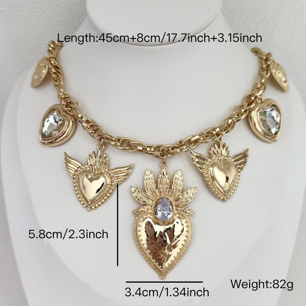 Wind Multi-layer Love Pendant Necklace, Exaggerated Diamond-set Metal Cuban Chain Collarbone Chain, Retro Necklace