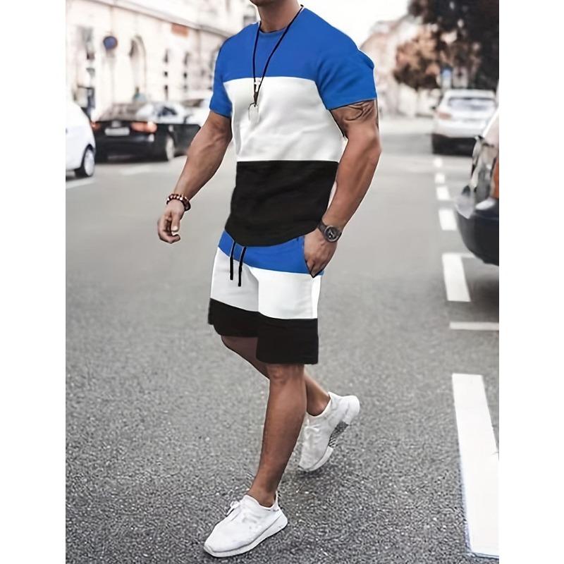 Men's 3D Color Block Print T Shirt Shorts Set Fashion Men Women T-shirts Two-Piece Outdoor Street Casual Sport Tracksuit