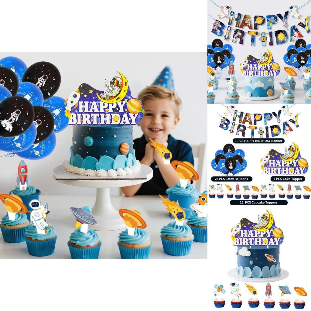 Astronaut Themed Birthday Party Supplies With Paper Flag Banners And Latex Balloons For Celebrations