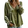 Women's V-Neck Lace Long Sleeve Blouse - Color Loose Fit Top for Everyday Wear