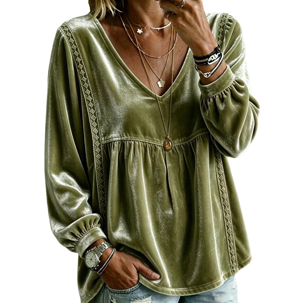 Women's V-Neck Lace Long Sleeve Blouse - Color Loose Fit Top for Everyday Wear