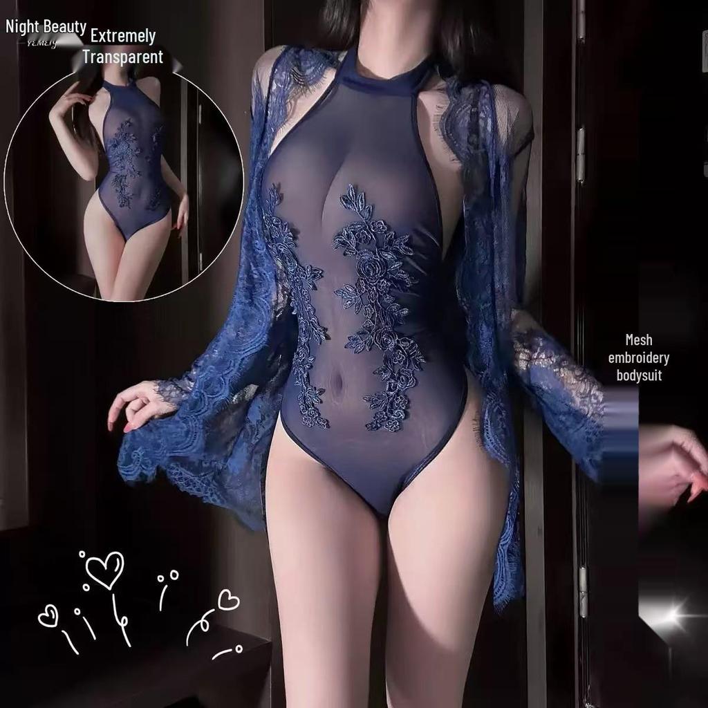 Sexy durchsichtiger Bodysuit in Übergröße mit wasserlöslicher Blume, Neckholder und offenem Schritt