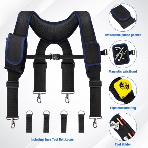 UMYLOV Men's Tool Belt Suspenders, Adjustable Padded Carpenter Tool Belt with Magnetic Wristband and Multifunctional Pouch Pockets for Construction Wo
