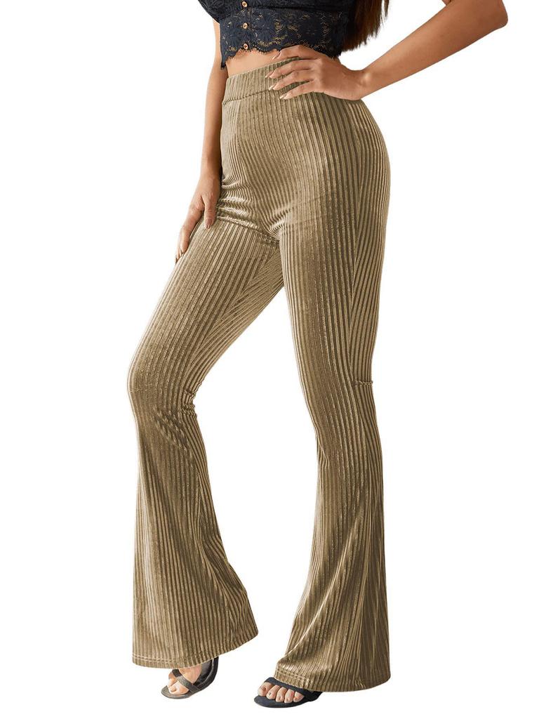 Women's Fashion Sexy High Waist Gold Velvet Ribbed Flared Pants