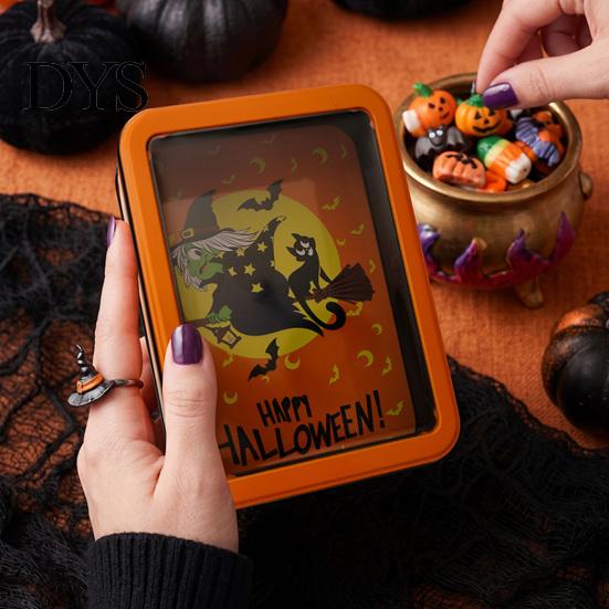 Seasonal Kitchen Storage Halloween Tin Box with Clear Lid, Witch Pumpkin Ghost Candy Window Metal Cases Container for Cookies Snacks, Festive