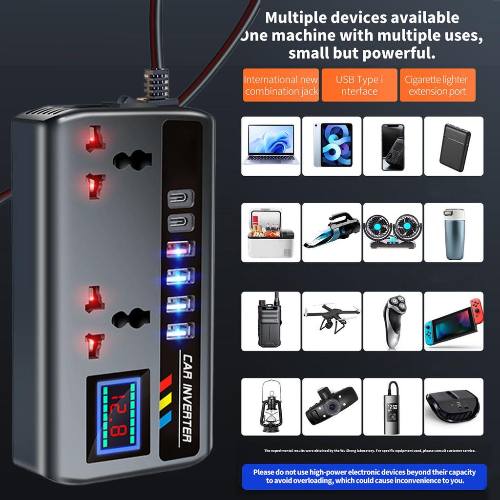 Portable Car Inverter Converter Fast Charging Ports Automotive Charger 12V/24V To 220V Inverter 3 USB Ports Vehicle Accessories