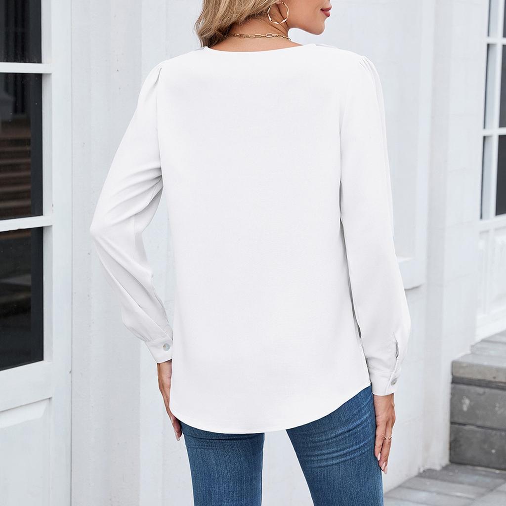 Women's Fashionable Casual Long Sleeved V-neck Pleated Ruffle Edge Shirt Pullover Top