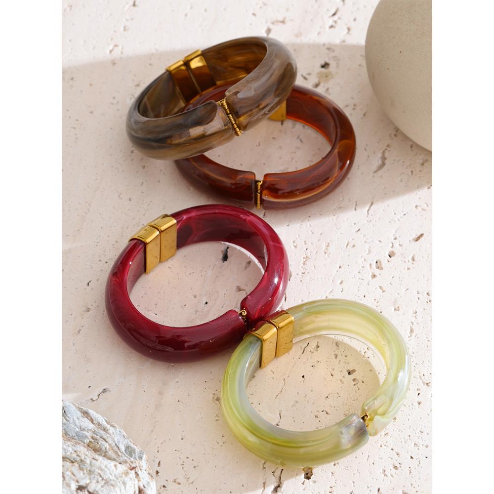 Yhpup 66mm Groen Roze Bruin Paars Acryl Dikke Armband Manchet voor Vrouwen Roestvrij Staal Nieuwkomers 2025 Polssieraad Cadeau