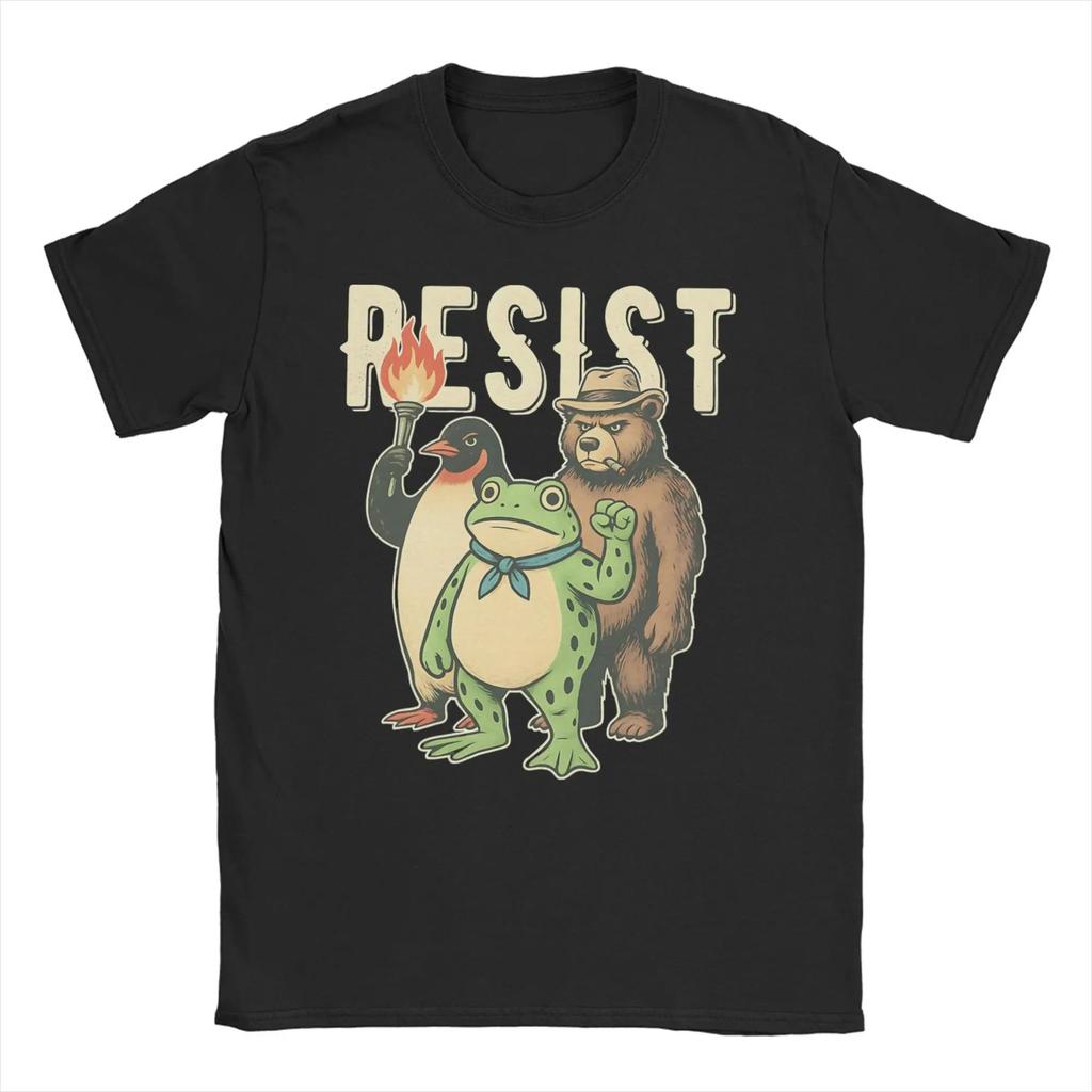 Śmieszne koszulki z memami Resist Portland Żaba Rage Against The Machine Sztuka z żabą Bawełniana koszulka z krótkim rękawem Dekolt O Ubrania Unisex